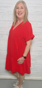 Red V-Neck Woven Dress