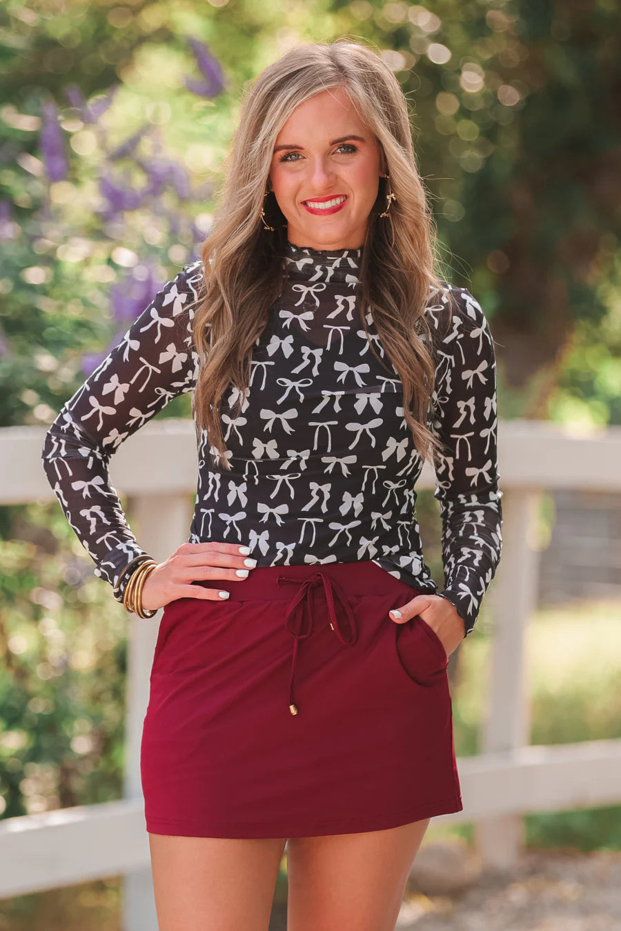 Black & White Bow Print Mesh Top