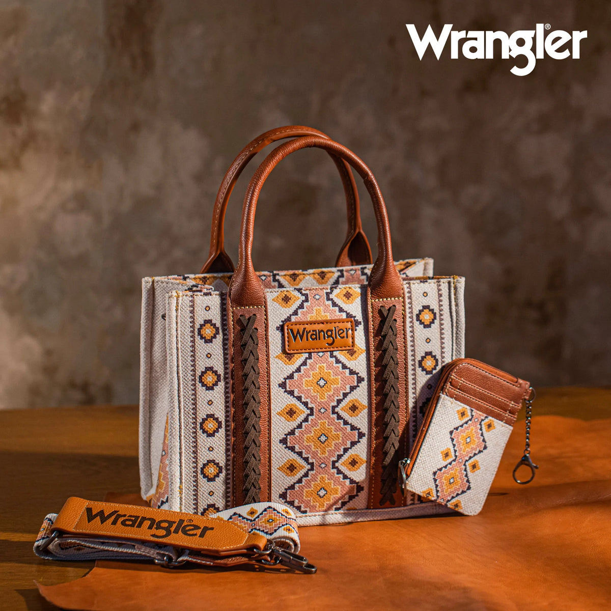 Wrangler Aztec Small Tote/Crossbody and Card Case Set 2Pc- Coffee