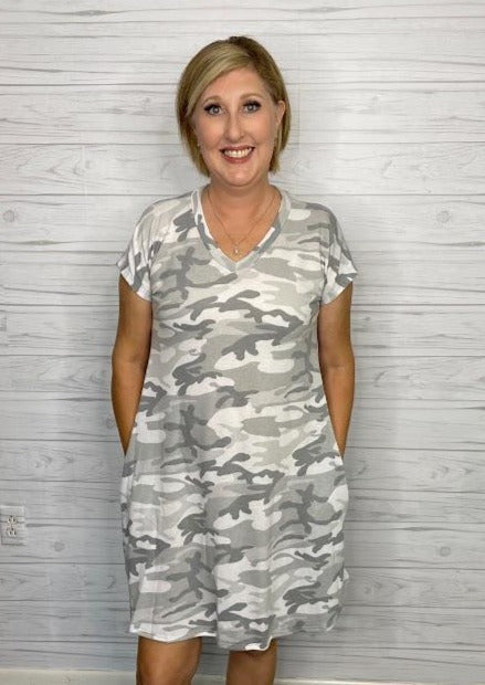 Grey Camo T-shirt Dress|Mimi's House Boutique Grey Camo T-shirt Dress|Mimi's House Boutique