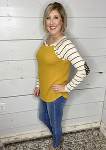 Waffle top with striped long sleeves