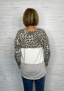 Long-Sleeve Leopard Print & Striped Top