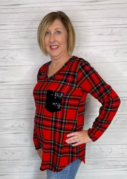 Buffalo Plaid Top w/ Sequin Pocket