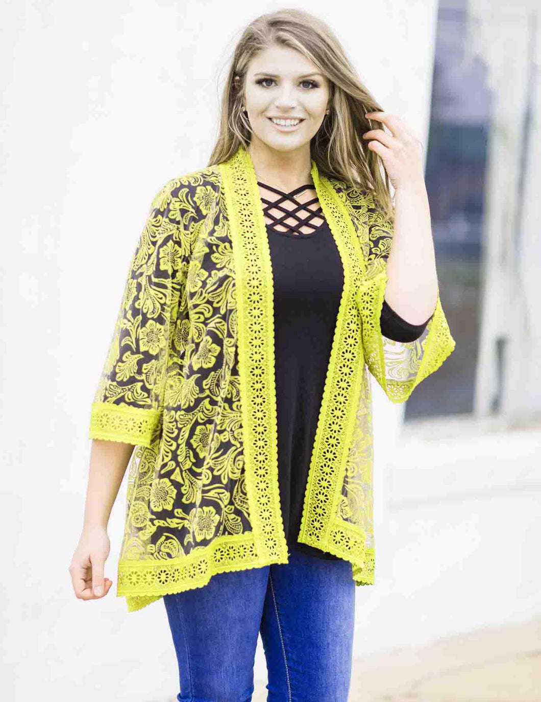 Yellow Tooled Lace Kimono