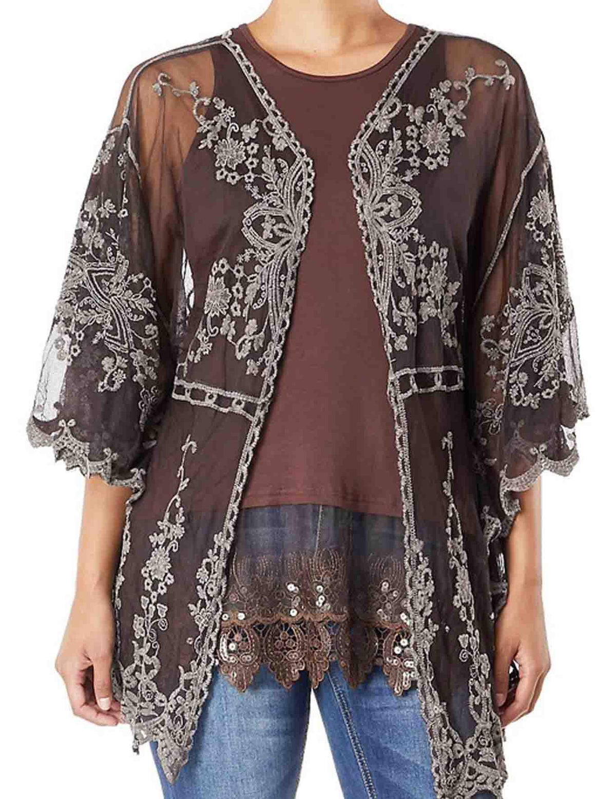 Brown Embroidery Kimono