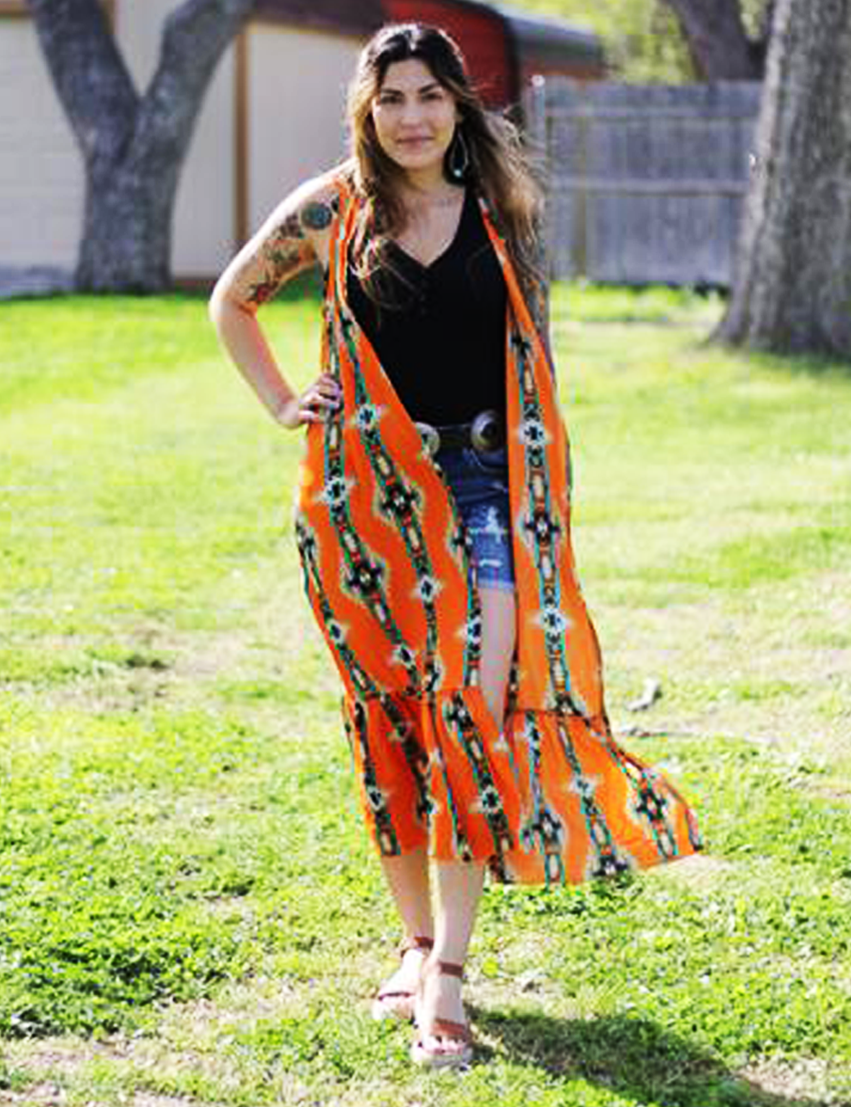 Orange aztec sleeveless kimono
