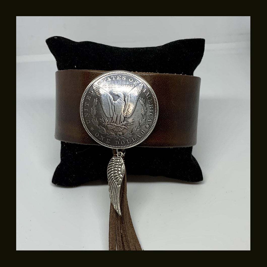 Leather silver dollar eagle cuff