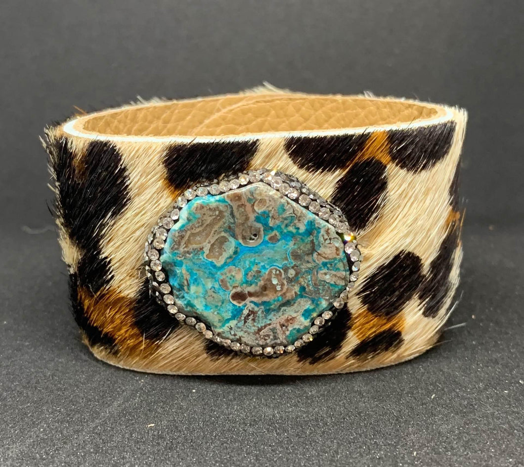 Leopard hair on hide turquoise stone bracelet
