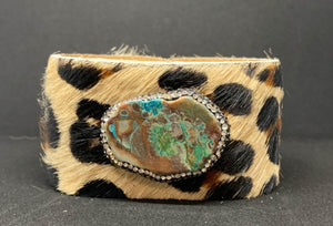 Leopard hair on hide brown & green stone bracelet