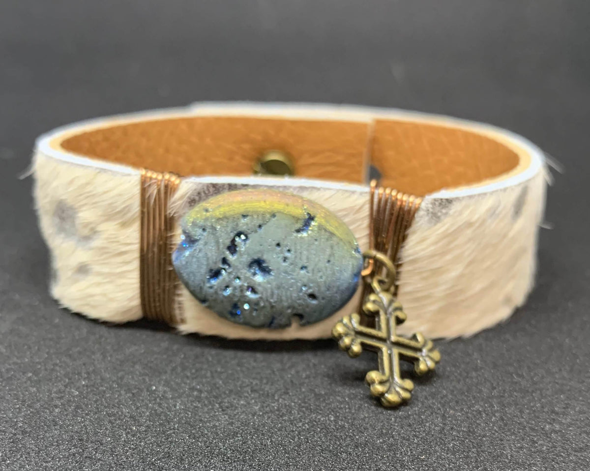 hair on hide acid wash stone bracelet