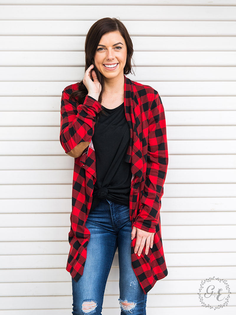 Buffalo Plaid Cardigan w/ Elbow Patches