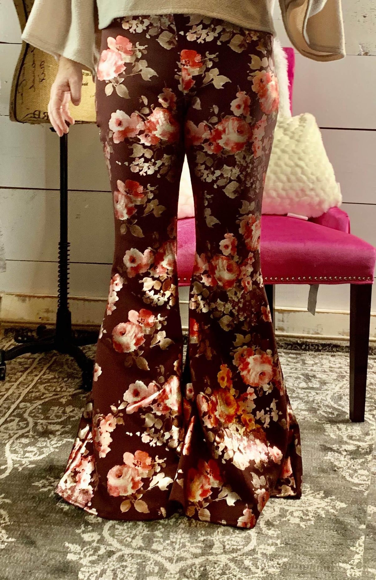 Plum Metallic Floral Bell Bottoms