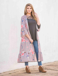 Floral Feather Ruffle Duster W/ Bell Sleeves