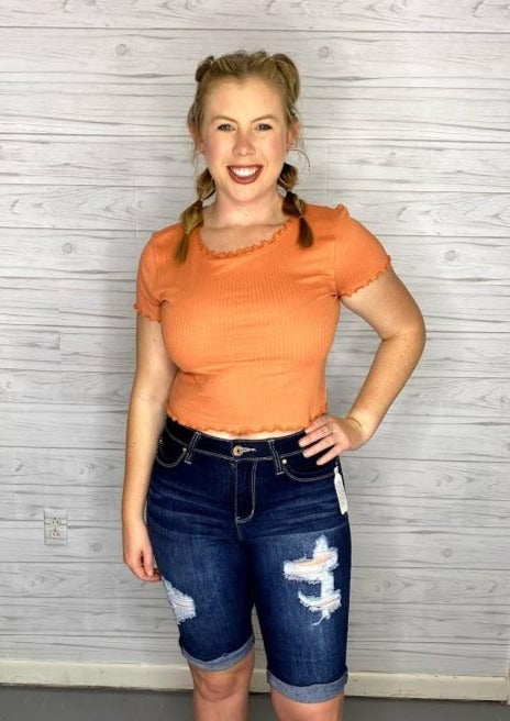 Sadie High-Rise Dark Denim Bermuda Shorts